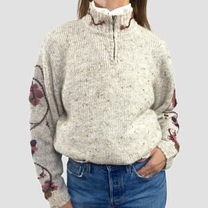Vintage Beige Pullover Floral Embroidered Bears Quarter Zip Sweater Sz Large
